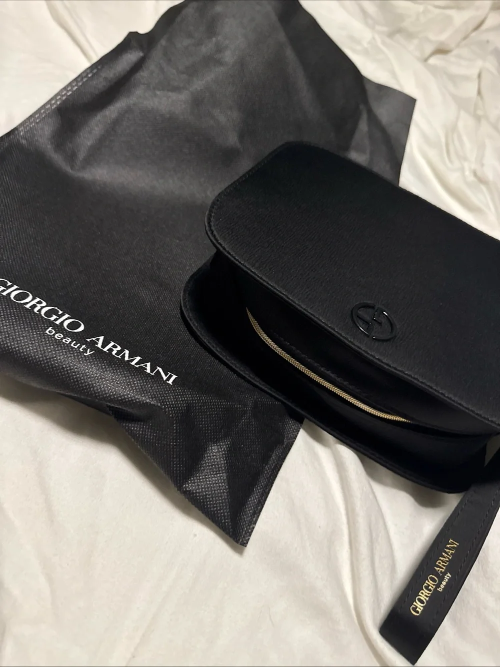 Giorgio Armani Black Leather Crossbody with Gold Zip Accent